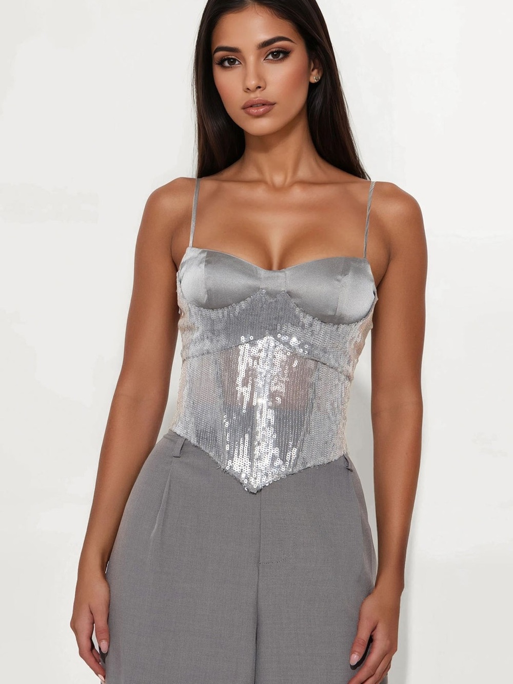 Fashion Nova Silver Sequin Corset Top